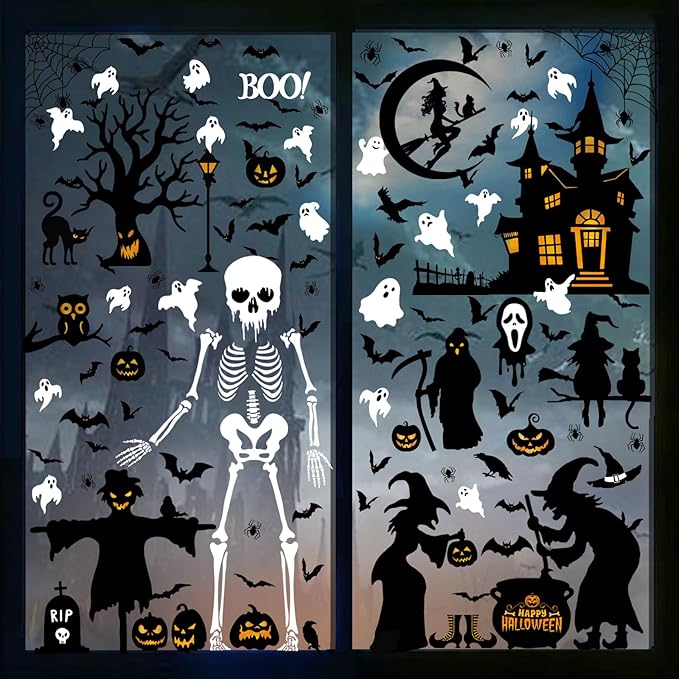 150 Pcs Halloween Window Clings Halloween Decor Indoor Bats Window Decoration | Large-Size Double-Side Witches Skeletons Windo Stickers Clings Hallowee Party Decoration Reusable & Removable