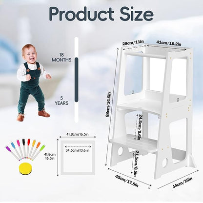 4 in 1 Kitchen Toddler Step Stool, Foldable Learning Toddler Standing Tower with Double-Sided Whiteboard, Wooden Kitchen Stool Helper for Kids 1.5 to 5 Years Old,Bathroom Sink Counter