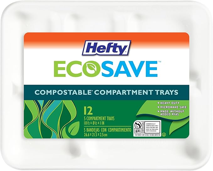 Hefty ECOSAVE Compostable 5-Compartment Paper Trays, 12 Count