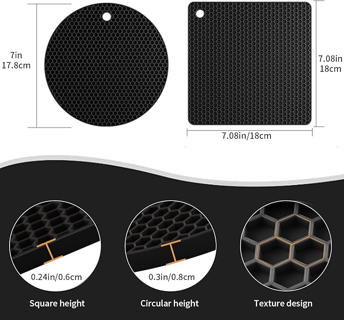 4 Pack Silicone Trivets for Hot Pots and Pans, Black Hot Pads Pot Holders, Non-Slip & Heat Resistant Silicone Mats for Kitchen Counter, Soft Durable Drying Mat, Jar Opener and Coasters, Black