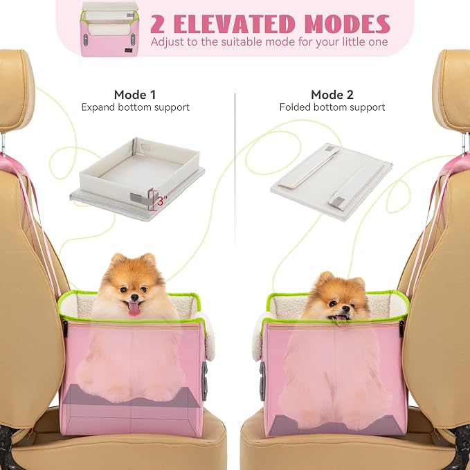 PETSFIT Small Dog Car Seat – Patented Safety Buckles – Safety Tether – Foldable Travel Cat Car Seat Reduces Anxiety & Road Trips – Stable Frame, Soft Cushion, Fits Front/Back Seat (Pink)