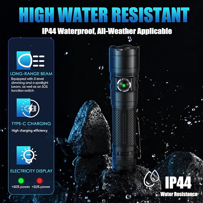 Tactical Flashlight with Holster for Duty Belt, 1300 High Lumen Police Flashlight - 6 Mode Rechargeable LED Flashlight for Camping/Law Enforcement FG10(Black)