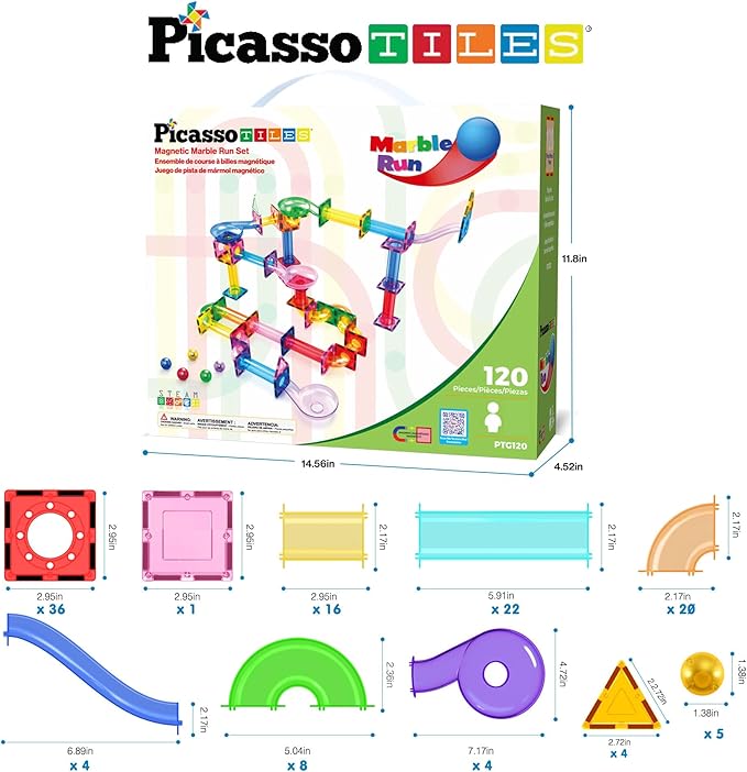 PicassoTiles 120pc Magnetic Tile Marble Run Set STEM Construction Toy with Track Building Blocks Educational Learning Compatible for Brain Development Creativity Coordination Kids Age 3 Plus PTG120