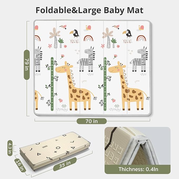 Baby Play Mat - 79" x 71" Extra Large, Foldable, Waterproof, Reversible for Indoor & Outdoor