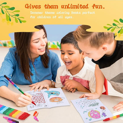 BenLouis 12 Summer Mini Coloring Books Kids with 12 Stacking Crayons Pool Beach Party Favors Small Activity Books Bulk for Kids Summer Birthday Party Gift Goodie Bag Stuffers