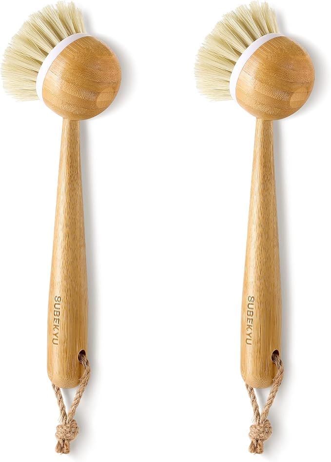 SUBEKYU Dish Brush with Handle, Natural Bamboo Dish Scrubber Brush, Kitchen