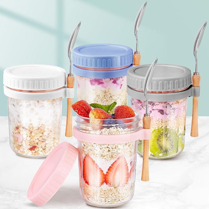Glass Overnight Oats Containers with Lids and Spoon, 16oz Wide Mouth Mason Jars for Overnight Oats, Cereal, Yogurt, Salad Lunch Container with Measurement Marks - MultiColor 4 Pack