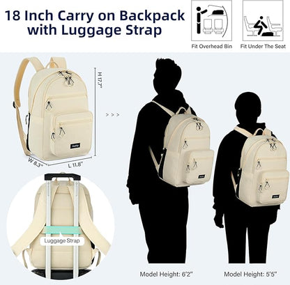 Carry On Travel Backpack For Women, 18 Inch Water Resistant Large Backpack Lightweight Bookbag For Men, 8x14x18 Personal Item Bag Casual Daypack Backpacks For Work Office Commuter (Offwhite)