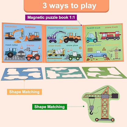 ASTARON 3D Magnetic Puzzle with 60 Puffy Stickers for Toddlers, 41 Pieces Construction Vehicles Toddler Puzzles Preschool Education Learning Travel Toys Car Plane Activities for Kids Quiet Time