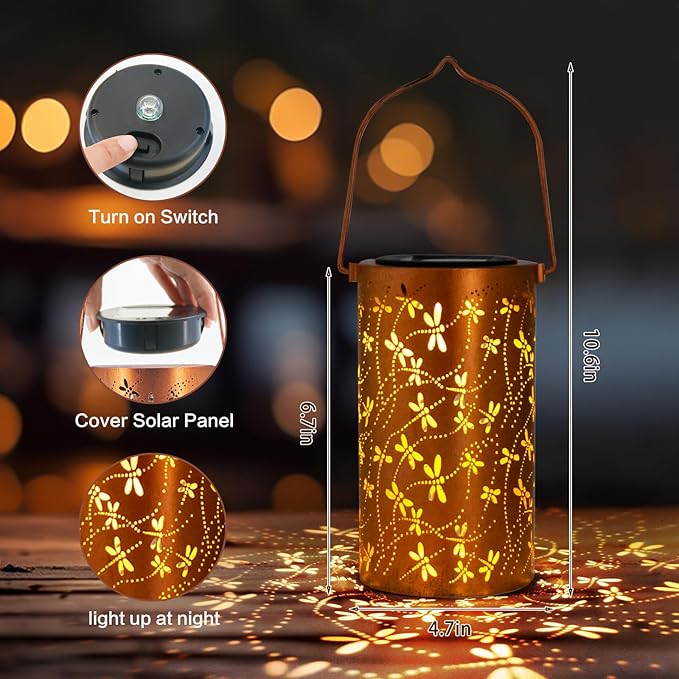 Birthday Gifts for Women,Solar Lanterns Outdoor Hanging Lantern Lights, Dragonfly Hollowed-Out Metal Decor Lantern, Waterproof LED Decorative Garden Light - Delicate Garden Decoration for Patio, Yard