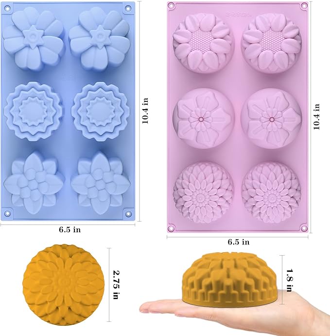 Sakolla 2 Pack Silicone Soap Molds, 6 Cavities Different Flower Shapes Silicone Mold, Perfect Making for Soap, Lotion Bar, Bath Bombs (Pink + Blue)
