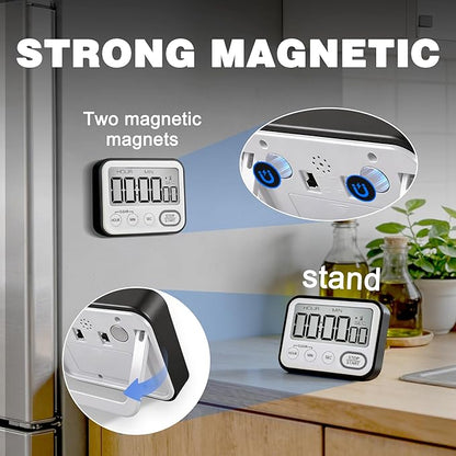 Digital Kitchen Timer Magnetic Loud Alarm, Large LCD Screen Silent/Beeping