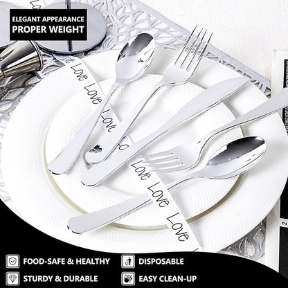 150 PCS Silver Plastic Silverware - Silver Plastic Flatware Disposable - Heavy Duty Disposable Utensils Sets Includes 50 Forks, 50 Spoons, 50 Knives for Party & Wedding