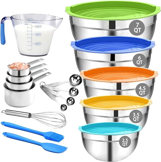 MIKULA Mixing Bowls Set, Large Nesting Bowls 7/6/4.5/3.5/2.5QT, Measuring Cups