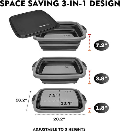 Collapsible X-Large (16L) BBQ Marinating Tub w/Cutting Board | Multipurpose Food-Grade TPE Prep Tub w/Lid | Built-In Colander & Drain Plug - For Camping | Tailgate | Picnic - Slate Black