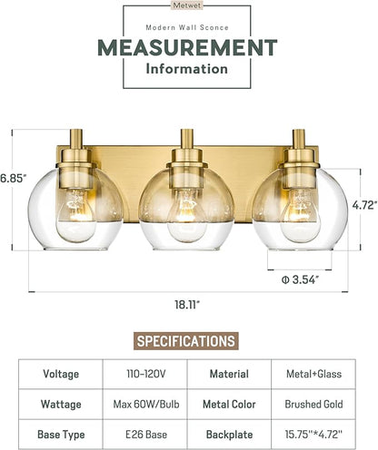 METWET Bathroom Light Fixtures, 3-Light Brushed Gold Vanity Light, Modern Wall