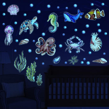 52 Pcs Ocean Fish Wall Decals Glow in The Dark Under The Sea Wall Decals Sea Animals Stickers Removable Waterproof Peel and Stick for Kids Bathroom Watercolor Ocean Decor(Funny Style)