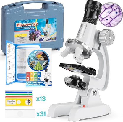 Kids Beginner Microscope Science Kit with 100X-1200X, 13 Prepared Slides & DIY Blank Slides, 18MM HD Len, LED Light Adjustable and ABS Box, Microscope for Kids 5-7 8-12
