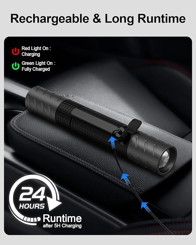 Rechargeable Flashlight, Includes Screwdriver, Window Breaker, 4 Main Lighting Modes, 3 Side Lighting Modes, High and Low Beam, Magnetic Rechargeable Flashlight for Home, Car, Hiking, Camping