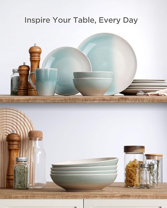 famiware 8.7" Large Pasta Bowls Set of 4, 34oz Stoneware Salad Bowl Serving Plate Bowls, Bowls for Pasta, Fruits, Salad, Noodle, Soup, Dinner- Microwave Dishwasher Safe, Glacier Series, Aqua