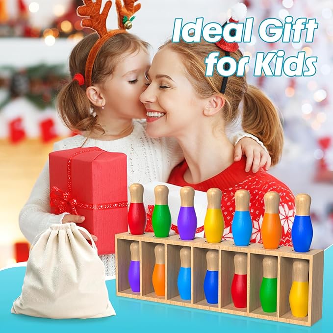 Color Matching Toy Set for Kids, Wooden Bowling Color Matching Game with 7 Bright Pins and Storage Bag, Matching Games for Kids Family Party Birthday Gift, Fun Party Game for Boys Girls