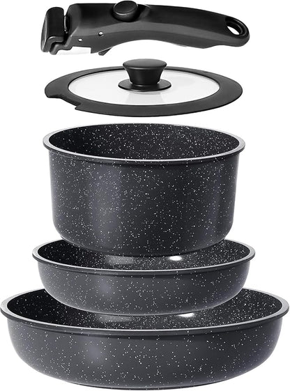 GiPP Ceramic Pots and Pans Set Non Stick, Nonstick Detachable Handle Cookware Sets, Non Toxic Induction Kitchen Pot and Pan with Removable Handle, Healthy RV Cookware, Dishwasher ＆Oven Safe, 5 Piece