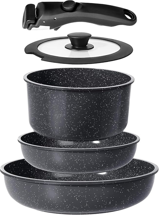GiPP Ceramic Pots and Pans Set Non Stick, Nonstick Detachable Handle Cookware Sets, Non Toxic Induction Kitchen Pot and Pan with Removable Handle, Healthy RV Cookware, Dishwasher ＆Oven Safe, 5 Piece