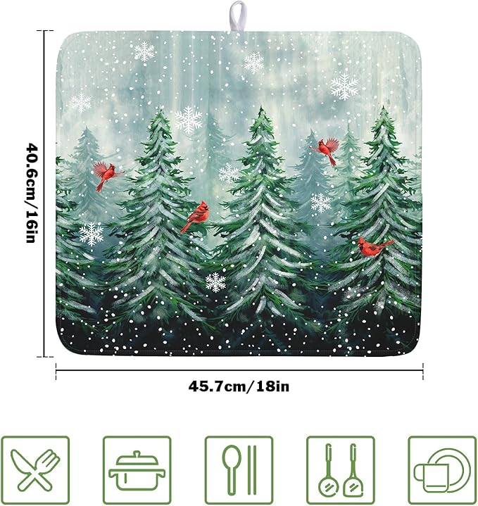 Welcome Winter Pines Tree Dish Drying Mat, Winter Snowflake Dish Drying Mat