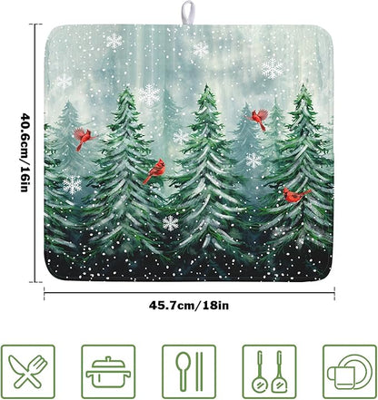 Welcome Winter Pines Tree Dish Drying Mat, Winter Snowflake Dish Drying Mat