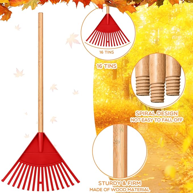 Macarrie Pack of 3 Kids Rakes with Hardwood Handle Lawn Garden Rake for Kids Gifts to Sweep Fall Leaves in Lawn and Tidying up The Garden Made of Wood and Plastic, 34.6 Inch(Red)