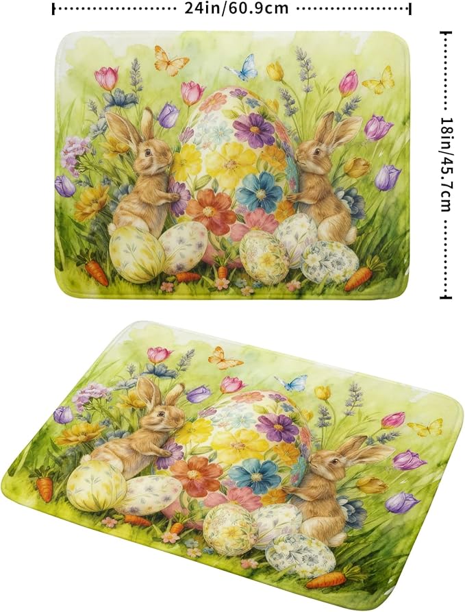 Easter Egg Dish Drying Mat 18x24 Inch Bunny Floral Green Drying Pad