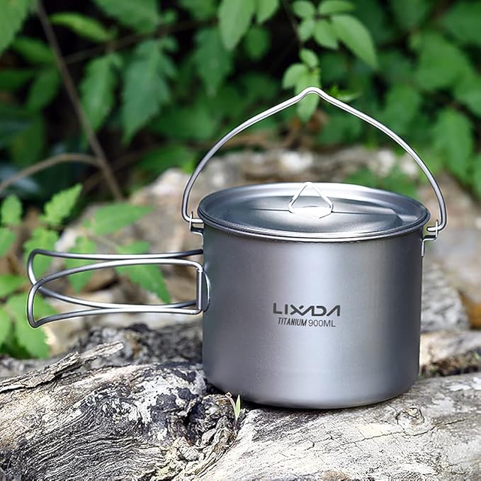 Titanium Pot, 750ml/900ml/1100ml Ultralight Titanium Pot Water Mug Cup with Lid and Foldable Handle Outdoor Camping Cooking Picnic