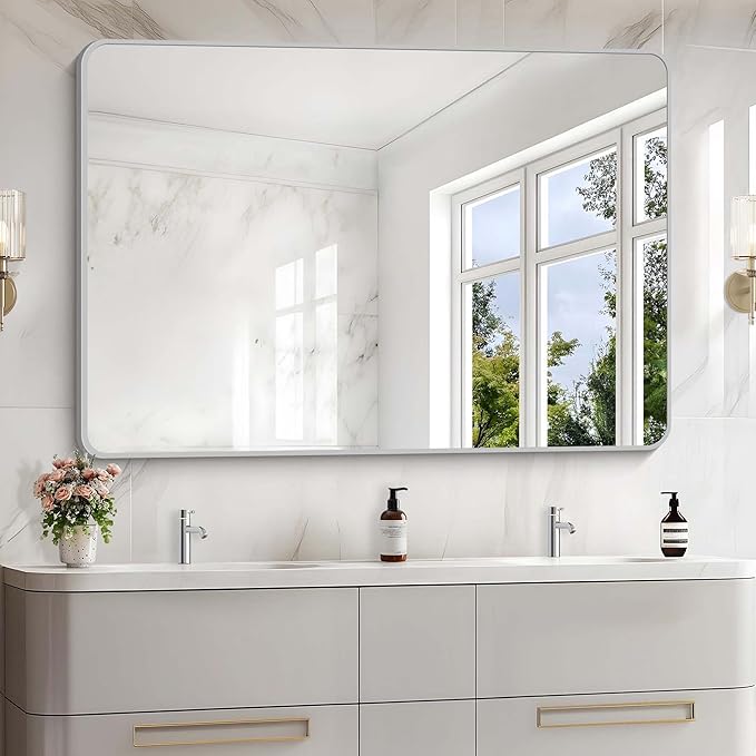 55x36 Inch Silver Bathroom Mirror, Large Rectangular Vanity Mirror, Metal
