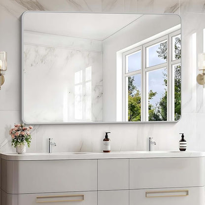 55x36 Inch Silver Bathroom Mirror, Large Rectangular Vanity Mirror, Metal