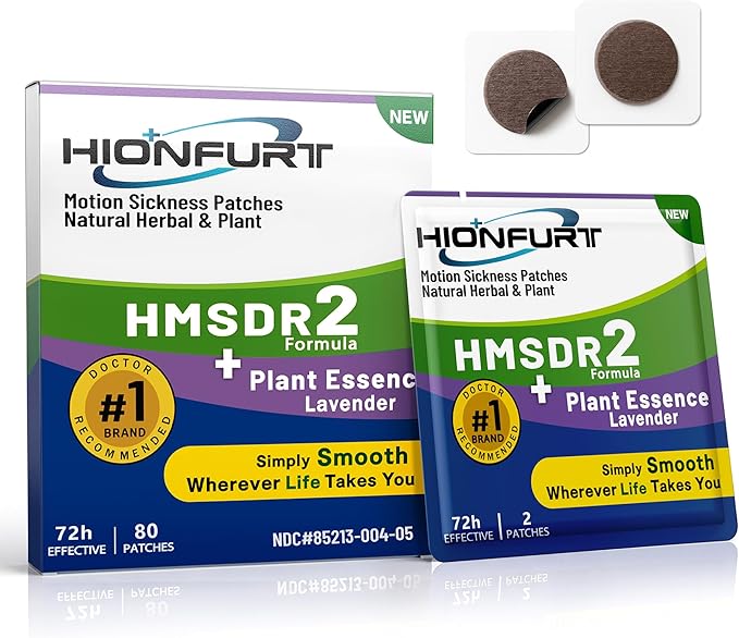 Hionfurt HMSDR2 80ct Motion Sickness Patches with Plant Essence – Lavender – Sea Sickness Patches for Cruise, Car, Airplane – Non-Drowsy, 72H Lasting