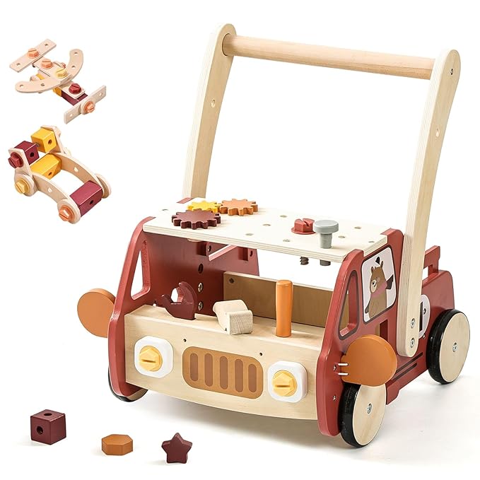 3-in-1 Wooden Baby Walker Adjustable Height with Tool Bench and Toy Storage Wagon - Multifunctional Toddler Push Walker Ergonomically Designed for Natural Walking - 3+ Years of Continuous Use