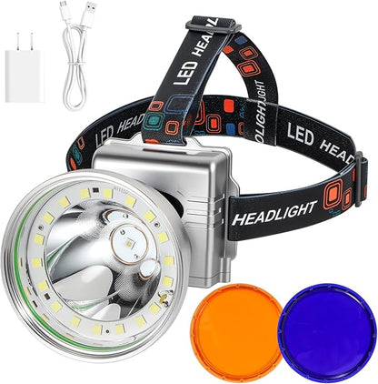 Rechargeable LED Headlamp with Flood and Spot Beam, Power Display, 5 Lighting Modes, Yellow/Blue Filter Lens, High Lumen Outdoor Waterproof Head Torch for Fishing, Hunting, Hiking, Outdoor