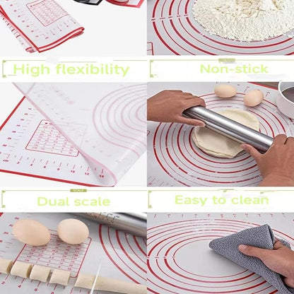 Rolling Pin with Adjustable Thickness Rings and Silicone Baking Pastry Mat Set