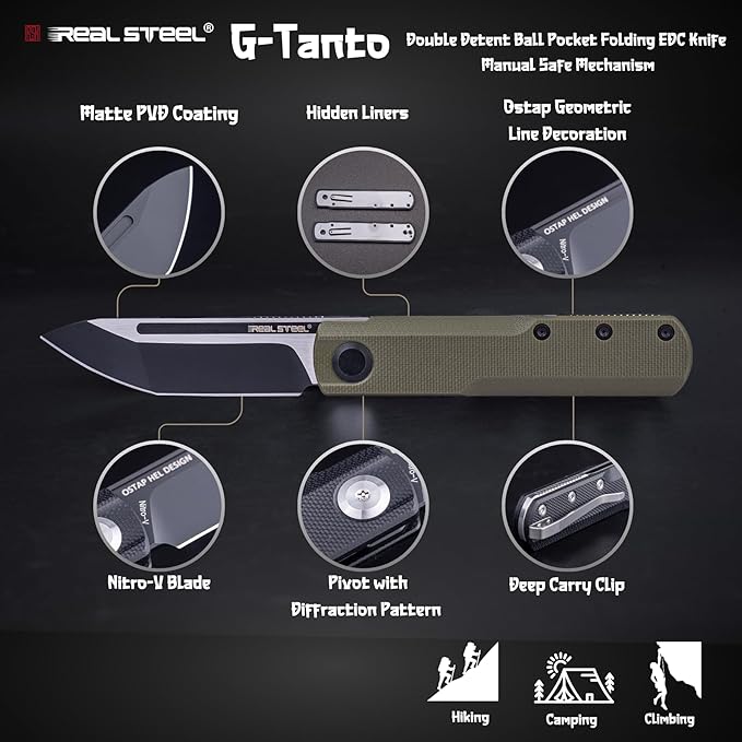 REALSTEEL G-Tanto Pocket Knife,Folding Knives,2.6" Nitro-V Blade,Double Detent Ball Slipjoint EDC,G10 Handle,2.2oz,Clip,Gift for Men Women Outdoor Indoor Daily Use Camping Hiking(Green Black)