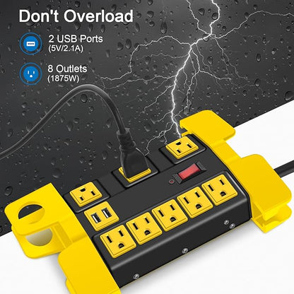 Heavy Duty Power Strip with USB, Workshop 8 Outlet Surge Protector 2700 Joules