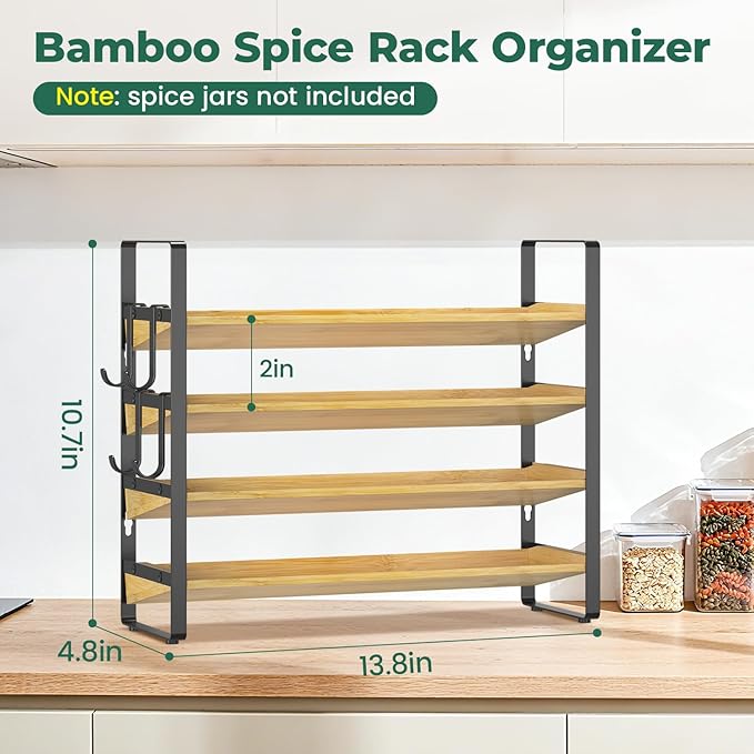 EsLuker.ly Spice Seasoning Rack Organizer Kitchen Countertop, 4 Tier Bamboo