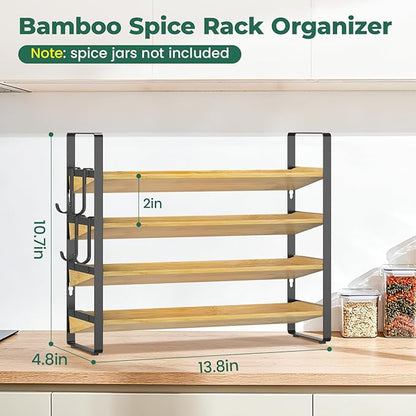EsLuker.ly Spice Seasoning Rack Organizer Kitchen Countertop, 4 Tier Bamboo