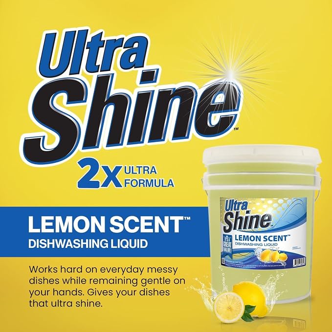 Ultra Shine ™ 5 Gallon 2X Platinum ™ Dish Cleaning Liquid, Lemon Scent, Yellow - Powerful Grease Remover Dishwashing Soap