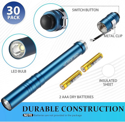 30 Pack Mini Pen Flashlights Bulk LED Pen Lights Aluminum Pocket Flashlights with Clips Small Handheld Torches Gifts for Camping Hiking Emergency Outdoor (Blue)