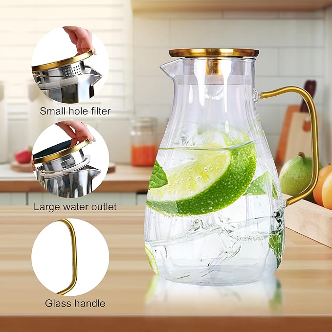 68 oz Glass Pitcher with Lid Water Pitcher with Handle and Spout Heat Resistant