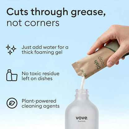 Vove Dish Soap Starter Set with Refillable Glass Pump Bottle & 3 Refills, Bergamot Mint & Basil, Powder-to-Gel Dishwashing Liquid, Plant-Based Concentrated Formula, Plastic-Free Packaging