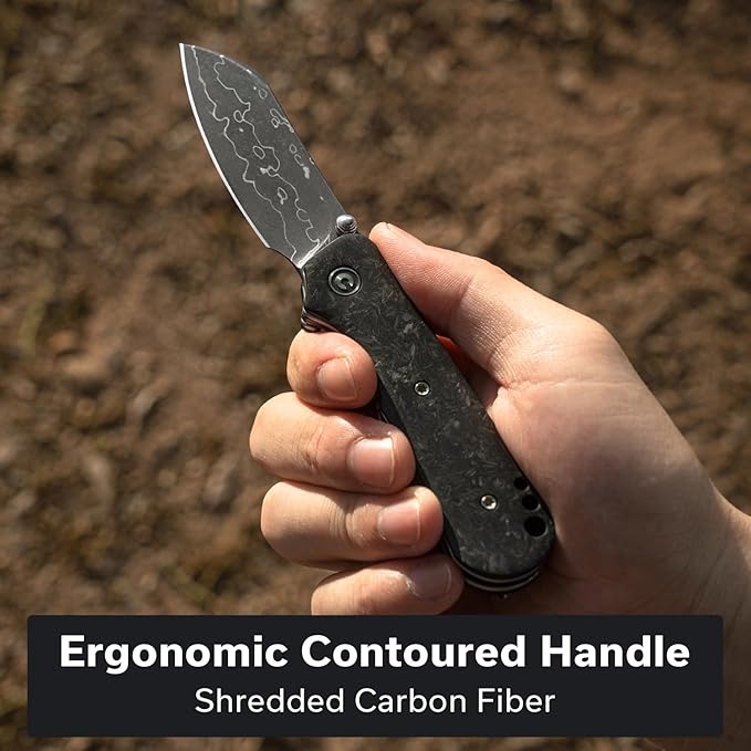 CIVIVI Crabby Pocket Knife, EDC Folding Knife for Men Women with Damascus Blade Contoured Shredded Carbon Fiber Handle, Designed by Ken Onion Jr. C24055-DS1