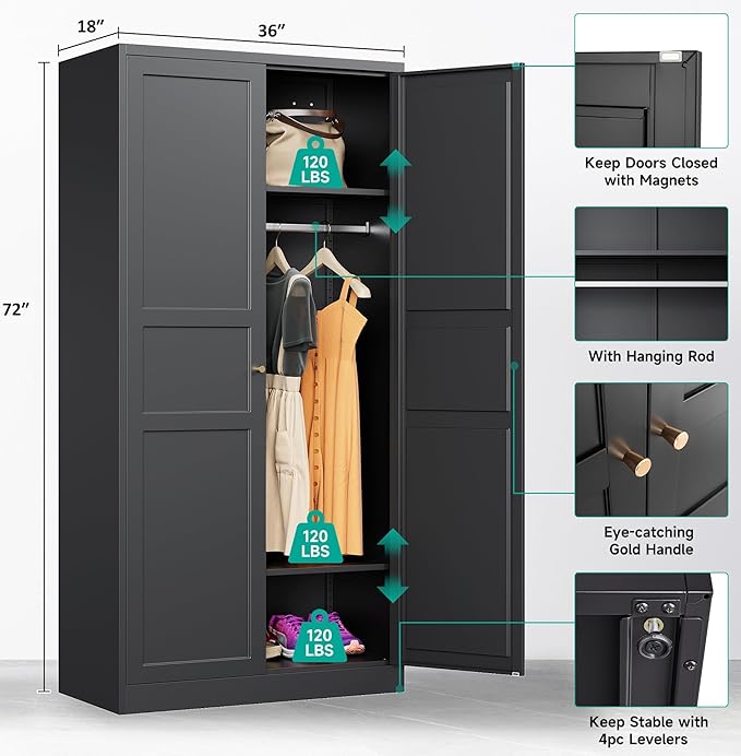 SISESOL Metal Wardrobe Cabinet with Hanging Rod,Black Armoire Wardrobe Closet,Metal Clothing Storage Cabinet with Adjustable Shelves and Doors,72" Cloth Storage Cabinets for Home,Living/Laundry Room