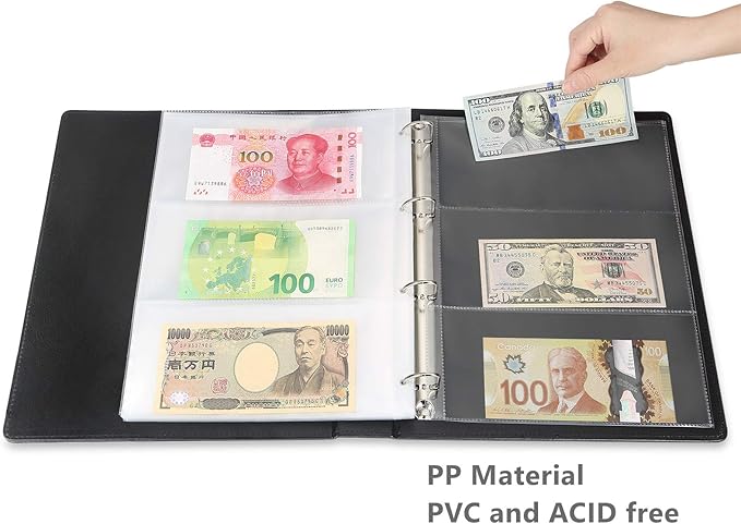 MUDOR 90 Pockets Dollar Bill Holders for Collectors, Premium PU Banknote World Currency Collection Album, Classic Paper Money Collecting Storage Book Album Binder Supplies (Black)