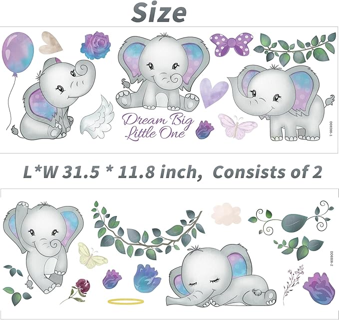Wall Decals Stickers Dream Big Little One Elephant Wall Stickers Wall Murals Peel and Stick Removable Purple Rose Elephant Wall Decor for Baby Shower Room Nursery Boys Girls Bedroom Playroom Classroom